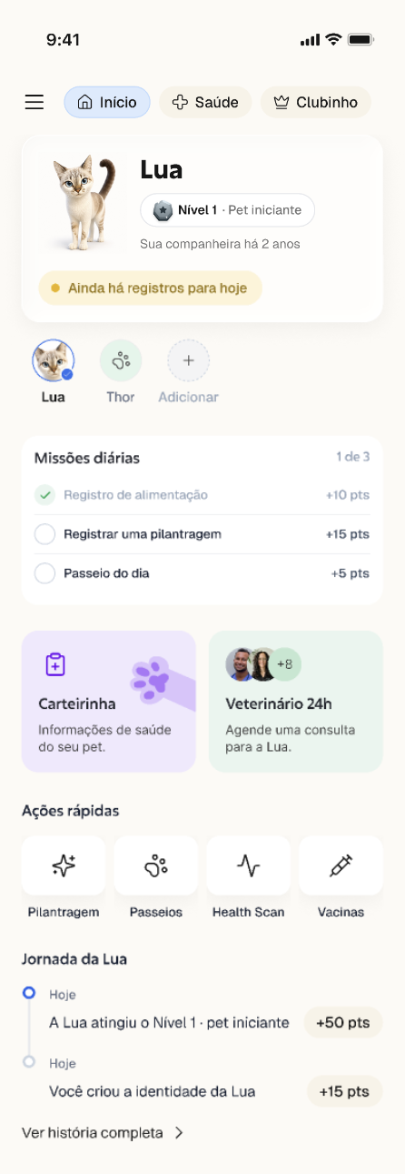 Tela inicial do app MatilIA com o perfil da Lua, missões diárias e ações rápidas